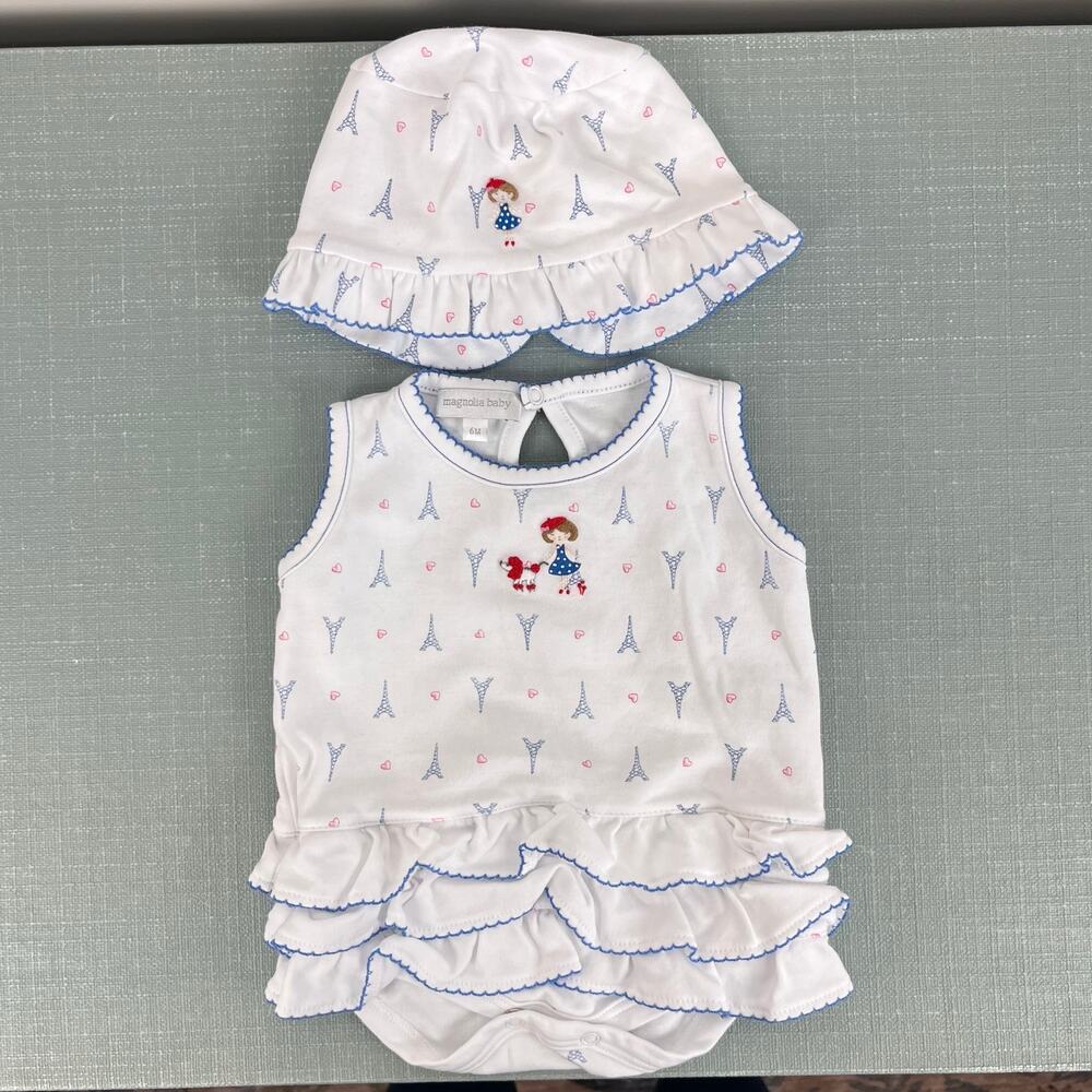 Magnolia Baby Ruffle Bubble Romper & Sun Hat Paris Print 6 Months - Picture 9 of 10